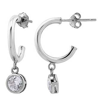Aleure Precioso Sterling Silver Cubic Zirconia Round Drop Hoop Earrings
