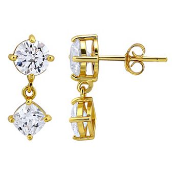 Aleure Precioso Sterling Silver Cubic Zirconia Cushion Cut Double Drop Earrings