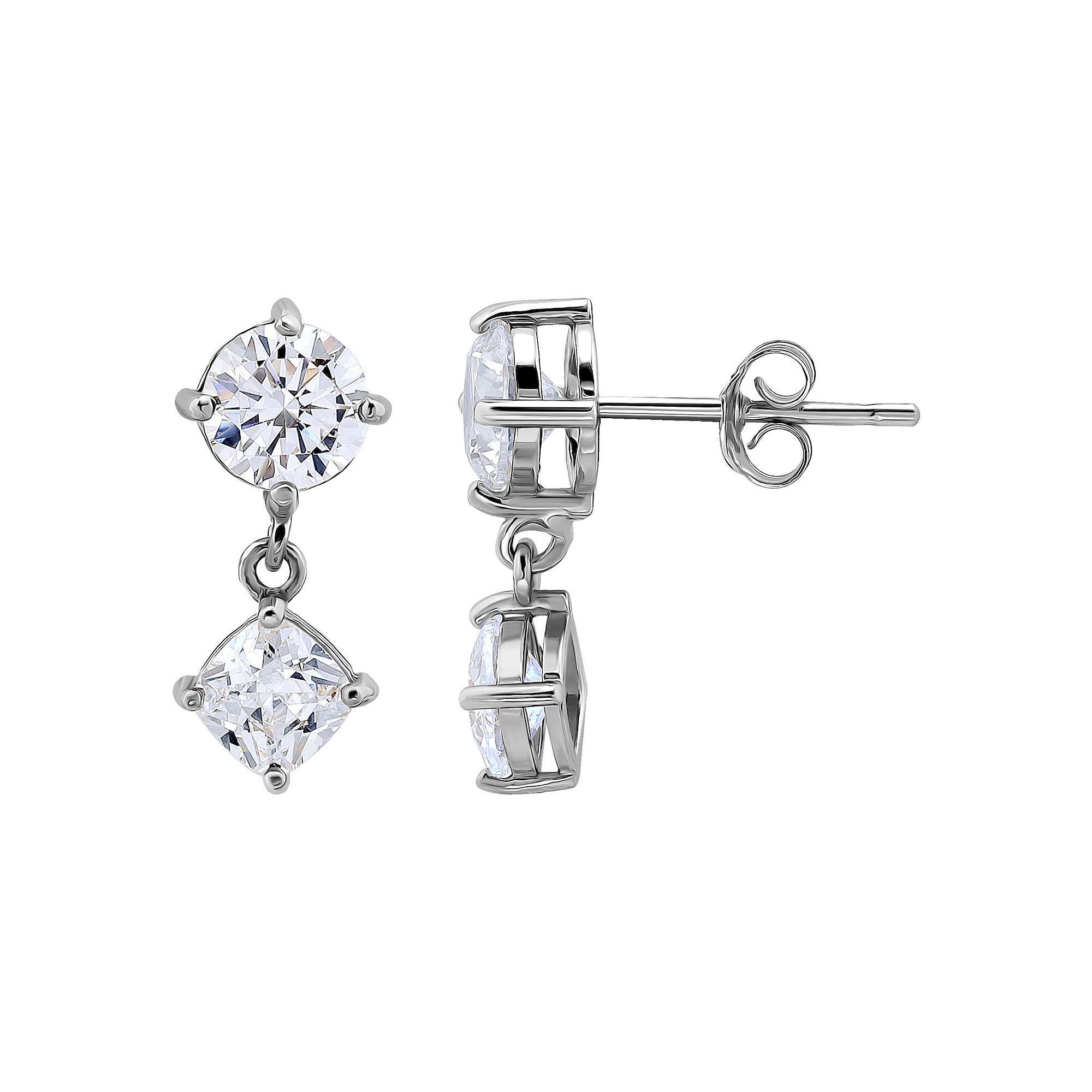 Aleure Precioso Sterling Silver Cubic Zirconia Cushion Cut Double Drop Earr