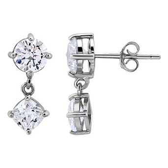 Aleure Precioso Sterling Silver Cubic Zirconia Cushion Cut Double Drop Earrings