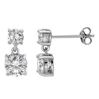 Aleure Precioso Sterling Silver Cubic Zirconia Round Graduated Double Drop Earrings