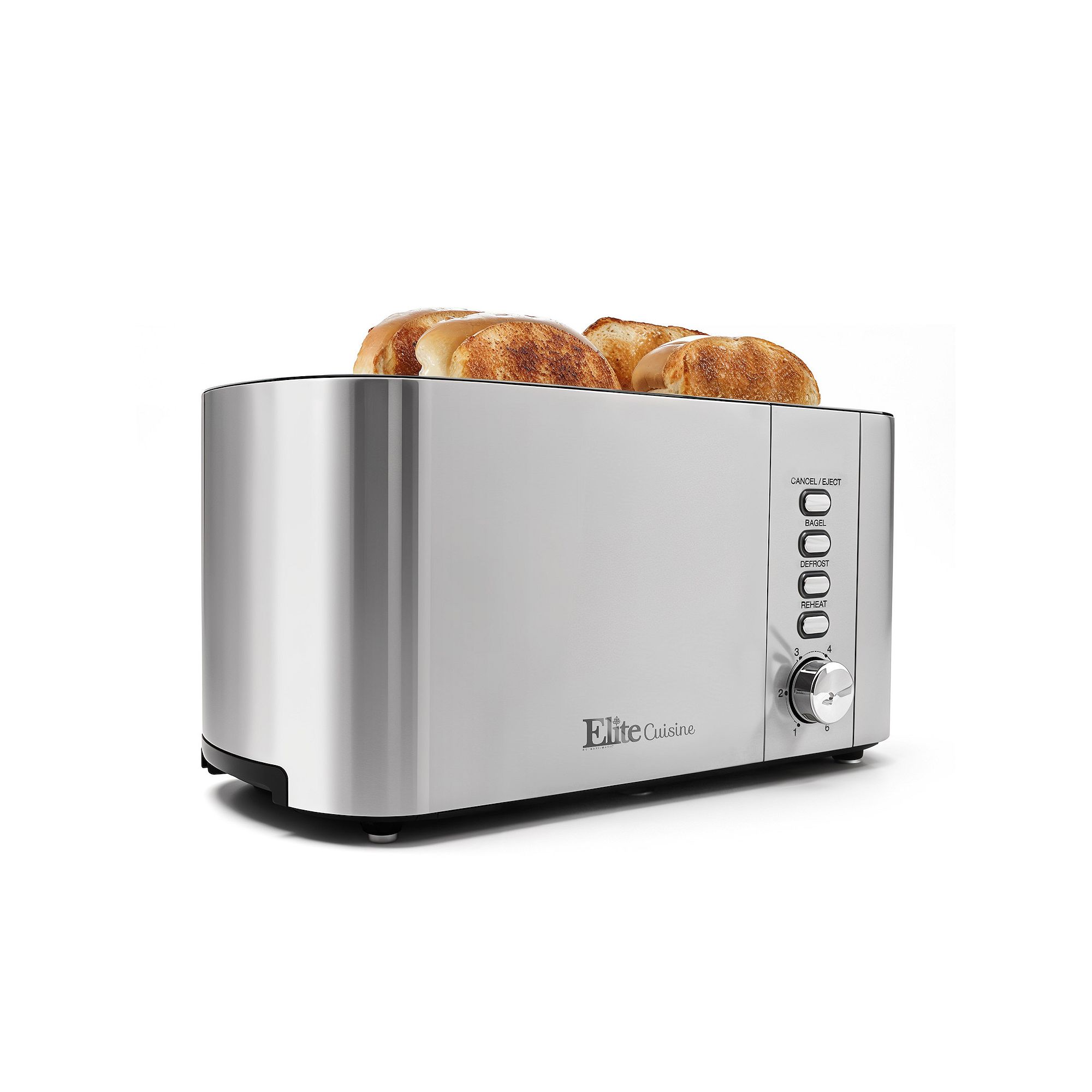 Elite Cuisine Stainless Steel 4 Slice Long Slot Toaster, Extra Wide Slots, 