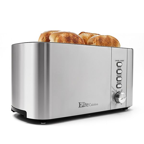 Elite Cuisine Stainless Steel 4 Slice Long Slot Toaster Extra Wide Slots Bagel Function