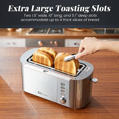 Elite Cuisine Stainless Steel 4 Slice Long Slot Toaster, Extra Wide Slots, Bagel Function