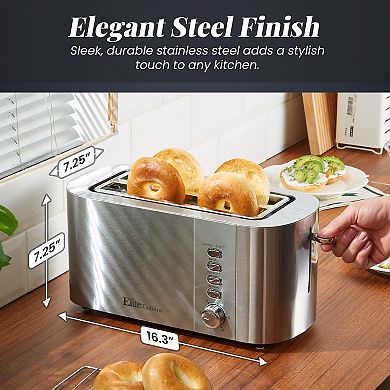 Elite Cuisine Stainless Steel 4 Slice Long Slot Toaster, Extra Wide Slots, Bagel Function