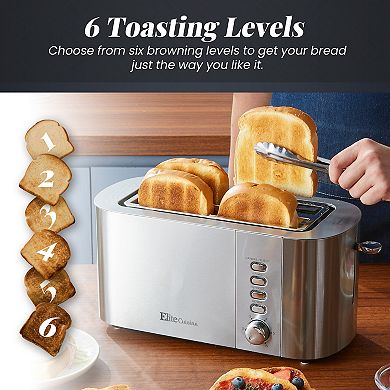 Elite Cuisine Stainless Steel 4 Slice Long Slot Toaster, Extra Wide Slots, Bagel Function