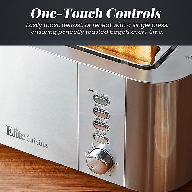 Elite Cuisine Stainless Steel 4 Slice Long Slot Toaster, Extra Wide Slots, Bagel Function
