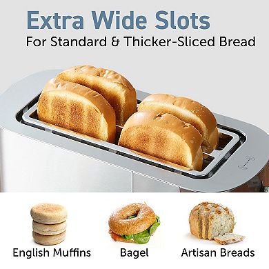 Elite Cuisine Stainless Steel 4 Slice Long Slot Toaster, Extra Wide Slots, Bagel Function