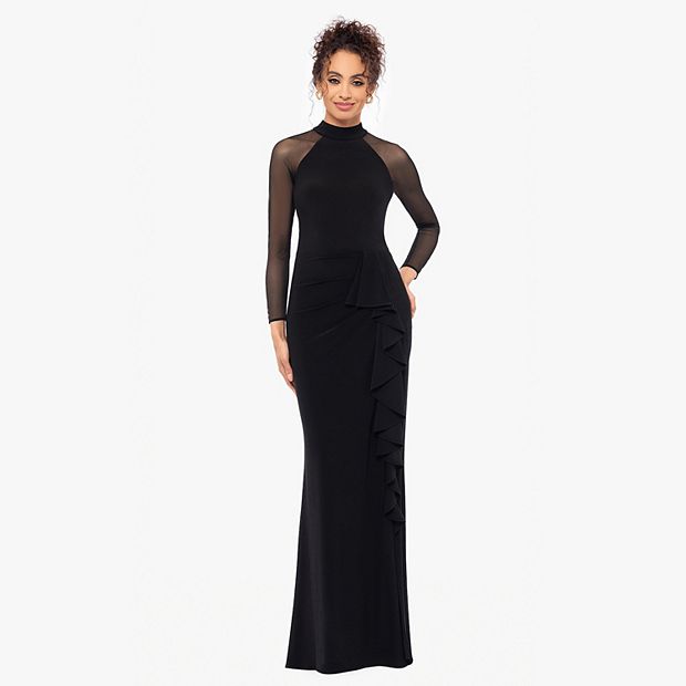 Women's BA Nites Long Mock Neck Mesh Sleeve Gown