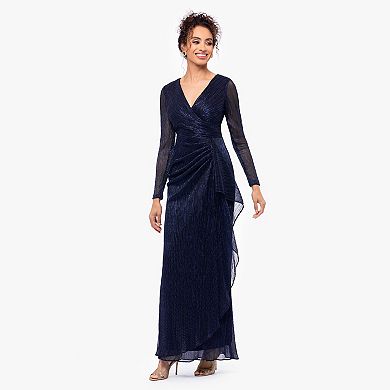Women's BA Nites Galaxy Pleated Long Sleeve V-Neck Dress