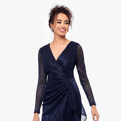 Women's BA Nites Galaxy Pleated Long Sleeve V-Neck Dress
