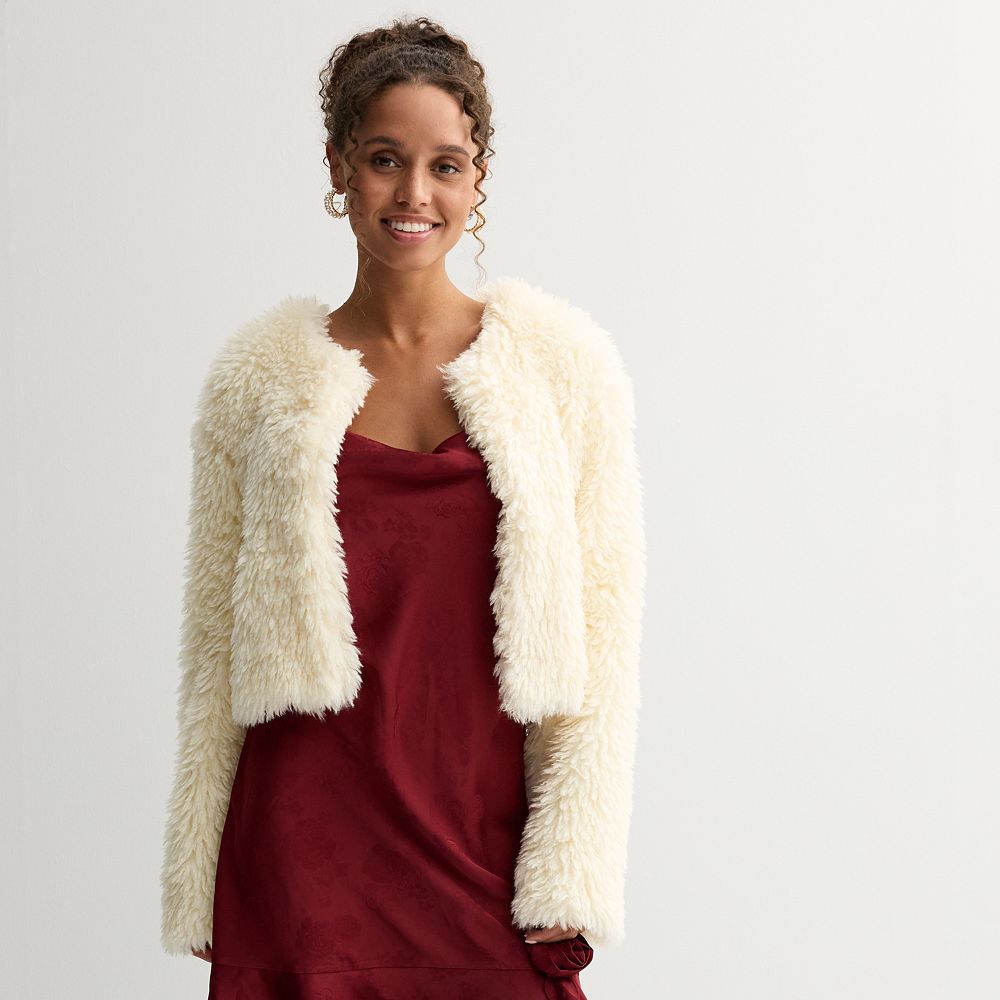 Juniors' Tinseltown Shaggy Faux Fur Cropped Jacket