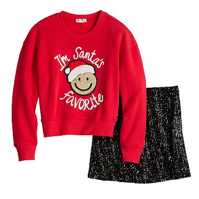 Girls 7-16 eyeshadow Santa's Favorite Top and Sequin Skirt Set