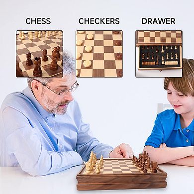 15" Large Wooden 2-in-1 Chess and Checkers Board Game Combo Set with Drawer for Kids and Adults