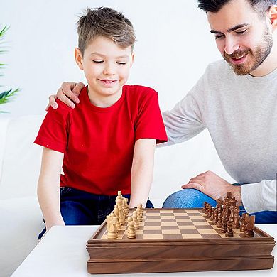 15" Large Wooden 2-in-1 Chess and Checkers Board Game Combo Set with Drawer for Kids and Adults