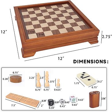 Deluxe 7-in-1 Chess/Checkers/Backgammon/Dominoes/Cribbage Board/Playing Card/Poker Dice Game Combo