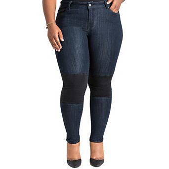Plus Size Curvy Fit Black Knee Patch Indigo Moto Jeans