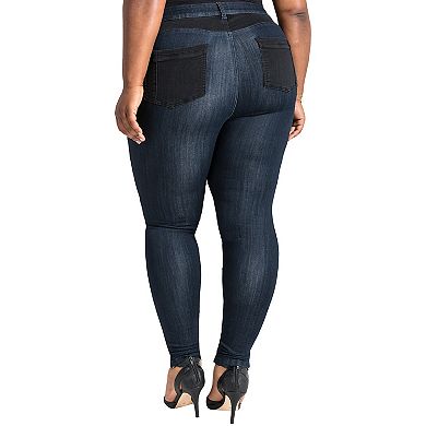 Plus Size Curvy Fit Black Knee Patch Indigo Moto Jeans