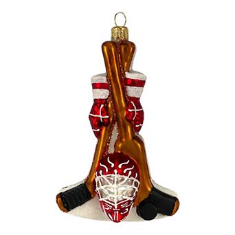 Pinnacle Peak Trading Red Hockey Sports Equipment Polish Glass Hanging Christmas Tree Ornament
