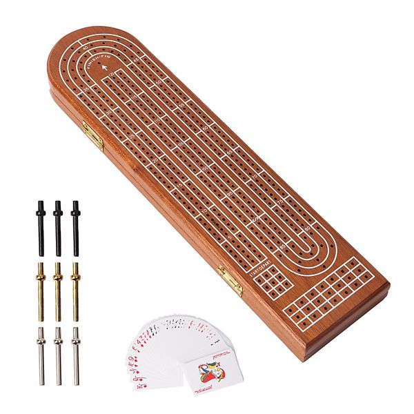 3Track Wooden Cribbage Board Game with 9 Metal Pegs & Deck Playing Card