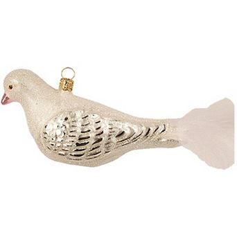 White Dove With Feather Tail Polish Glass Christmas Tree Ornament