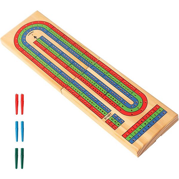 Wooden Folding 3-Track Color Coded Travel Cribbage Board with 6 Plastic ...