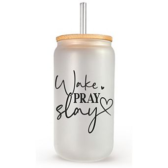 Wake Pray Slay 16oz Iced Coffee Glass Tumbler with Lid & Straw - Inspirational Gifts