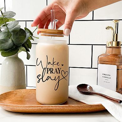 Wake Pray Slay 16oz Iced Coffee Glass Tumbler with Lid & Straw - Inspirational Gifts