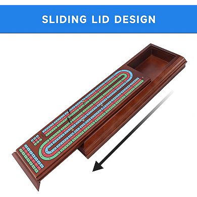 3-Track Wooden Cribbage Board Game Box with 2 Deck Playing Cards, 9 Metal Pegs and Storage Drawer