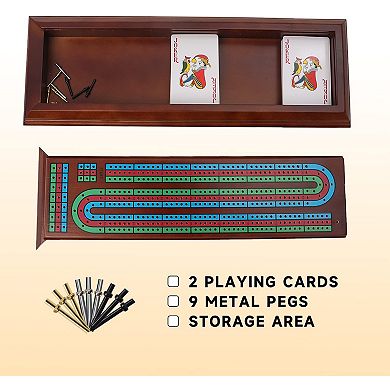 3-Track Wooden Cribbage Board Game Box with 2 Deck Playing Cards, 9 Metal Pegs and Storage Drawer