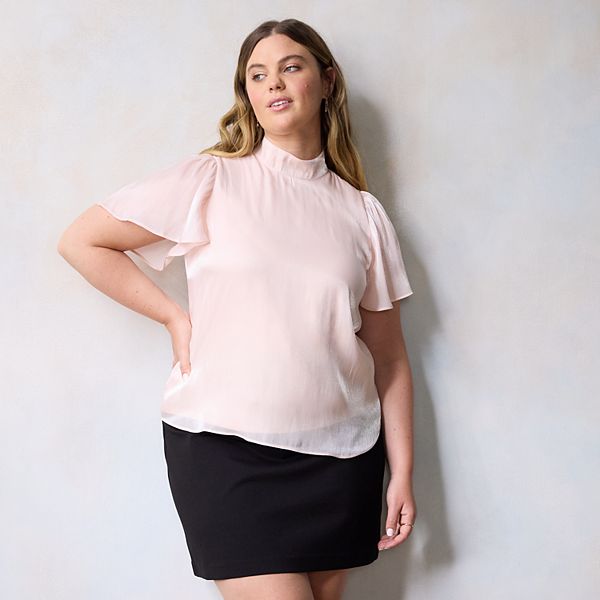 Plus Size LC Lauren Conrad High Neck Flutter Sleeve Woven Blouse