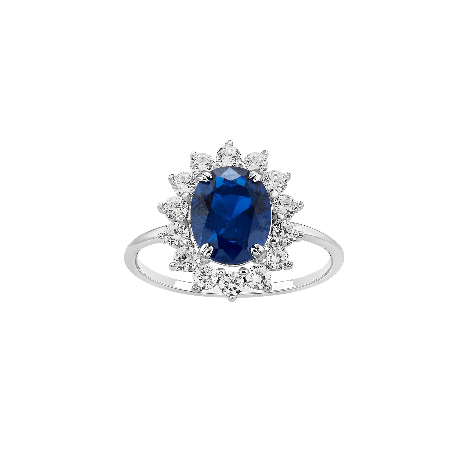 PRIMROSE Sterling Silver Simulated Sapphire Oval Center Stone With Cubic Zi