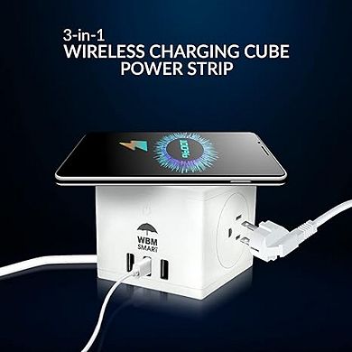 Wbm Smart 3-in-1 Wireless Charging Cube with 2 Usb and 1 C type port
