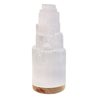 Himalayan Glow Selenite Crystal Lamp 20cm, Hand Curved Wooden Base & Usb Cable Moroccan Lamp