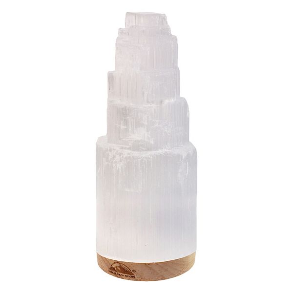 Himalayan Glow Selenite Crystal Lamp 20cm, Hand Curved Wooden Base