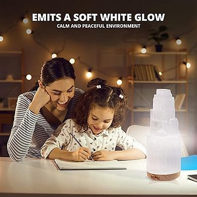 Himalayan Glow Selenite Crystal Lamp 20cm, Hand Curved Wooden Base & Usb Cable Moroccan Lamp