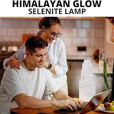 Himalayan Glow Selenite Crystal Lamp 20cm, Hand Curved Wooden Base & Usb Cable Moroccan Lamp