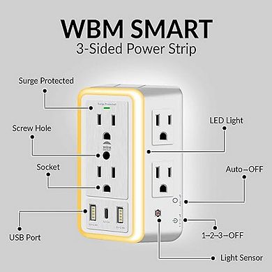 Wbm Smart Multi Plug Outlet, Surge Protector, 6-outlet Extender, White