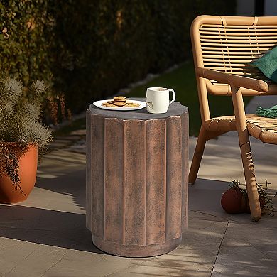 LuxenHome Weathered Copper Cement Fluted Round Indoor Outdoor Side And End Table