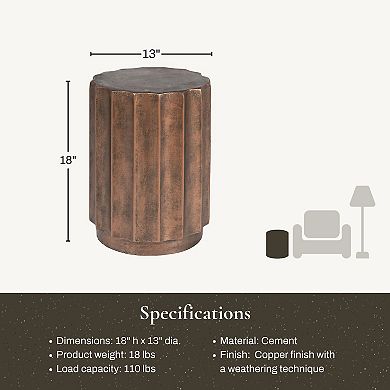 LuxenHome Weathered Copper Cement Fluted Round Indoor Outdoor Side And End Table