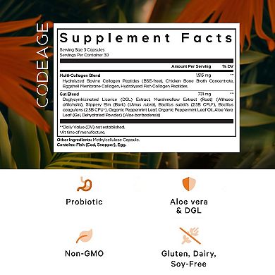 Multi Collagen Capsules + Gut Health Blend, Digestion Probiotics, Collagen 5 Types Botanicals, 90 Ct