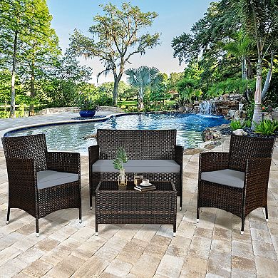 Gymax 4PCs Patio Rattan Conversation Furniture Set Outdoor Cushioned
