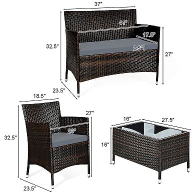 Gymax 4PCs Patio Rattan Conversation Furniture Set Outdoor Cushioned