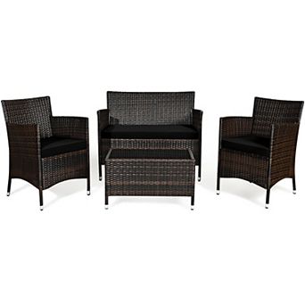 Gymax 4 pc Patio Rattan Conversation Furniture Set Outdoor Cushioned