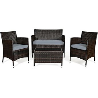 Gymax 4 pc Patio Rattan Conversation Furniture Set Outdoor Cushioned