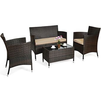 Gymax 4 pc Patio Rattan Conversation Furniture Set Outdoor Cushioned