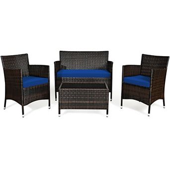 Gymax 4 pc Patio Rattan Conversation Furniture Set Outdoor Cushioned