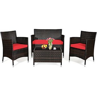 Gymax 4 pc Patio Rattan Conversation Furniture Set Outdoor Cushioned