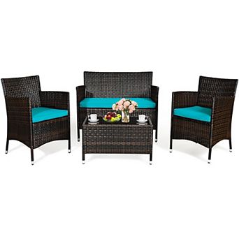 Gymax 4 pc Patio Rattan Conversation Furniture Set Outdoor Cushioned