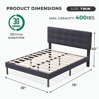 Modern Wooden Bed Frame With Upholstered Headboard